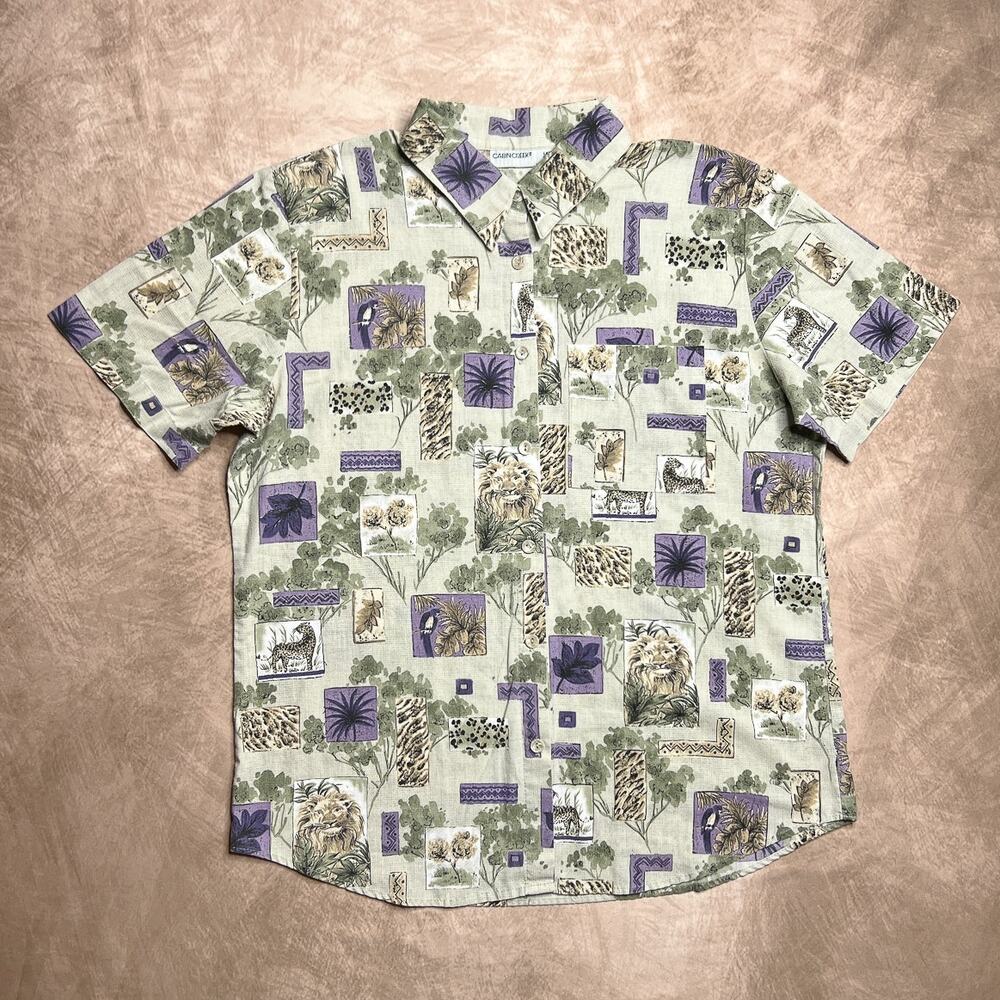 Vintage 90s Cabin Creek Jungle Savanna Lion Button Up Shirt Multicolor Safari